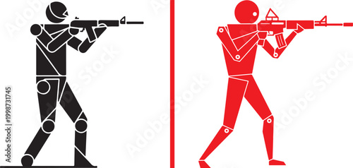 Stylized black and red soldier figures aiming assault rifles vector illustration isolated on white background