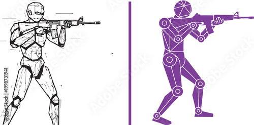 Futuristic robot soldier and mannequin aiming assault rifle illustration and purple silhouette isolated on white background