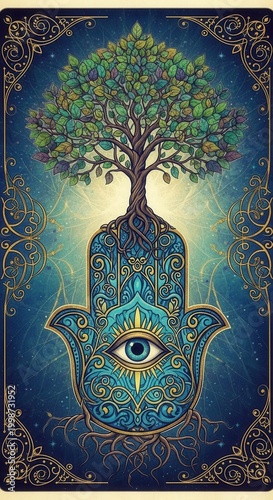 Intricate Hamsa Hand with Tree of Life Symbolism and Spiritual Design.