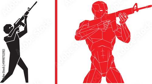 Tactical shooter silhouette and red low poly soldier aiming rifle vector illustration isolated on white background