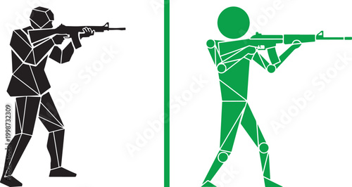 Low poly soldier silhouettes aiming rifles isolated on white background vector illustration