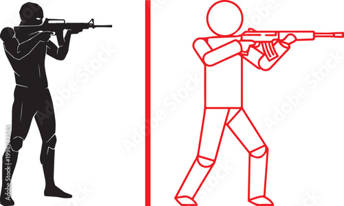 Tactical soldier silhouette and red outline shooter aiming rifles vector isolated on white background