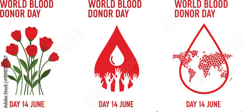 World Blood Donor Day 14th June Poster Set With Red Tulips Blood Drop Hands and World Map Symbol Vector Illustration