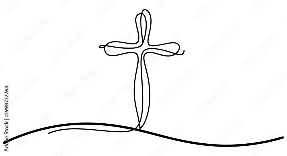 Fototapeta premium Minimalist Line Art Christian Cross Symbol with Wavy Ground Line