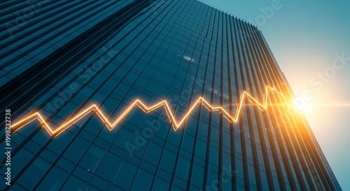 Glowing financial trend line moves across a modern glass office building facade during golden hour. Perfect for banking reports and financial services advertisements.