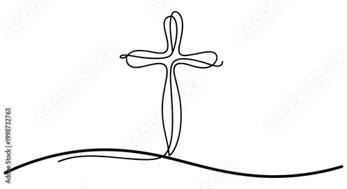 Minimalist Line Art Christian Cross Symbol with Wavy Ground Line