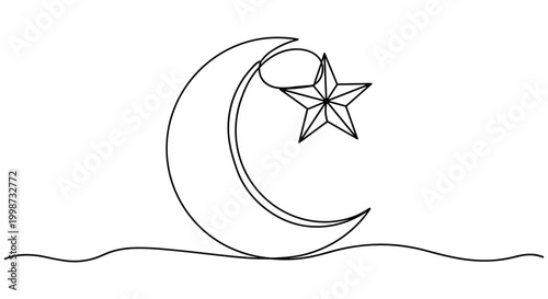 Crescent moon and star icon, continuous line drawing, minimalist vector art