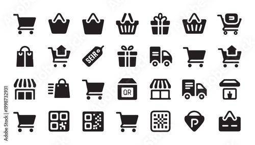 Online shopping and retail icons with delivery trucks and QR codes.