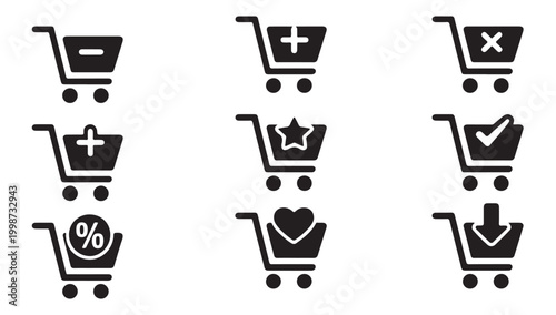 Collection of ecommerce shopping cart icons with various symbols for online retail websites.
