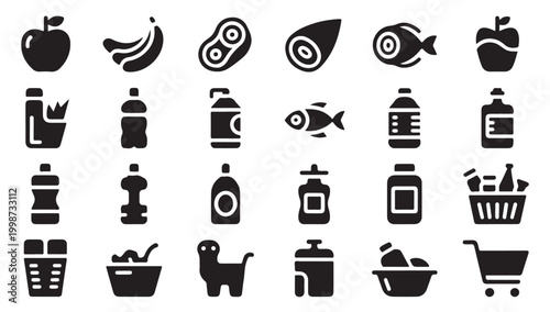 Grocery and supermarket product icons set for food shopping retail inventory and meal planning.