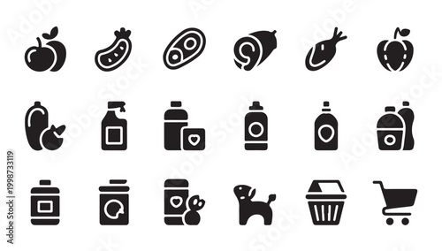 Household grocery products and food items silhouette icon set for home shopping and marketing.