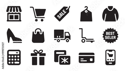 Retail shop and commercial items icon set for fashion boutique marketing and customer service.