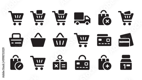 Online shopping cart and basket interaction icons for web interface design and retail checkout.