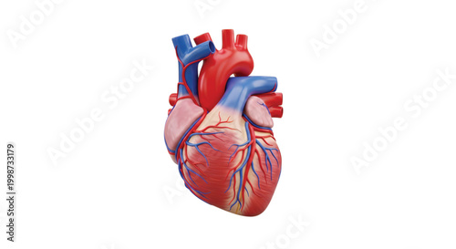 Anatomical model of a human heart, illustrating its red and blue vessels, on a clean white background, perfect for medical and educational purposes