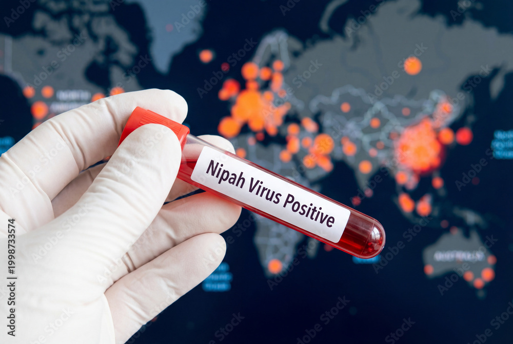 Obraz premium Scientist holding a blood sample test tube with nipah virus positive result in a lab