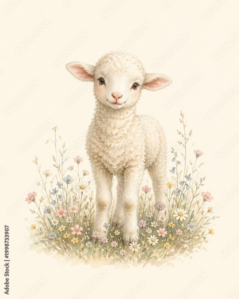 Fototapeta premium Charming watercolor baby lamb standing in a pastel wildflower meadow. Adorable nursery art perfect for Easter, baptism invitations, or cute spring-themed designs.