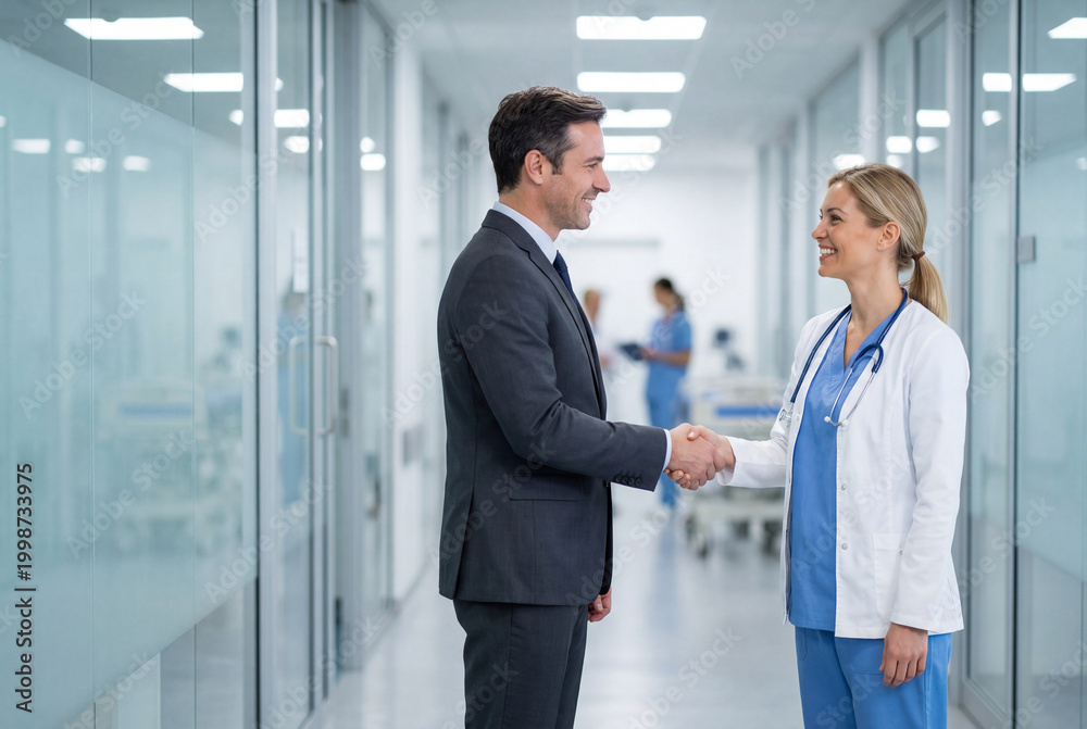 Fototapeta premium Businessman shaking hands with female medical professional in hospital