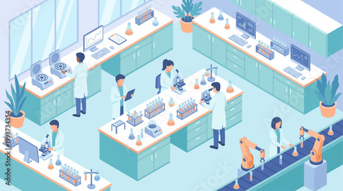 Isometric Hospital Laboratory Research Center with Scientists and Automation Robots for Medical Innovation and Biotech Development