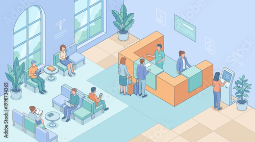 Isometric Hospital Reception Lobby with Patients and Medical Staff, Modern Healthcare Facility Interior for Corporate Presentations and Medical Web Design