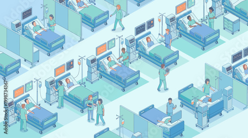 Isometric Hospital Ward Illustration with Medical Staff and Patients, Healthcare Facility Interior Design for Medical Presentation and Digital Health Infographic