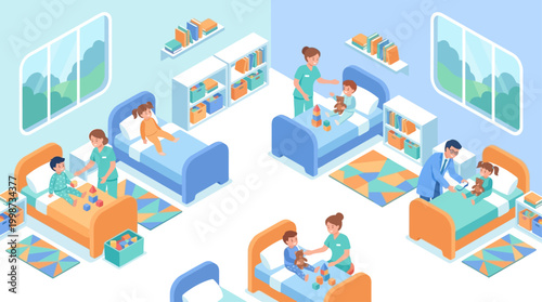 Isometric Hospital Layout with Pediatric Doctors and Nurses Caring for Children in Ward, Medical Healthcare Concept Illustration
