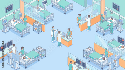Isometric Hospital Ward Layout with Doctors and Patients, Medical Facility Interior Design for Healthcare Infographics and Corporate Presentations