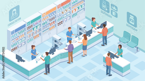 Isometric Hospital Pharmacy Interior with Pharmacists and Patients, Digital Health Service and Medical Consultation Concept, Vector Illustration for Healthcare Infographic or Website Banner