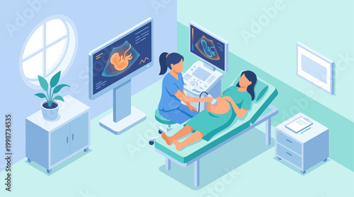 Isometric Hospital Ultrasound Room with Pregnant Woman and Doctor, Medical Diagnostic Checkup Illustration for Healthcare Presentation and Clinic Website Design