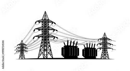 High Voltage Power Lines and Transformers Silhouette