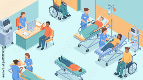 Isometric Hospital Interior with Doctors and Patients, Medical Clinic Workflow and Healthcare Services Concept for Corporate Presentation or Medical Website Design