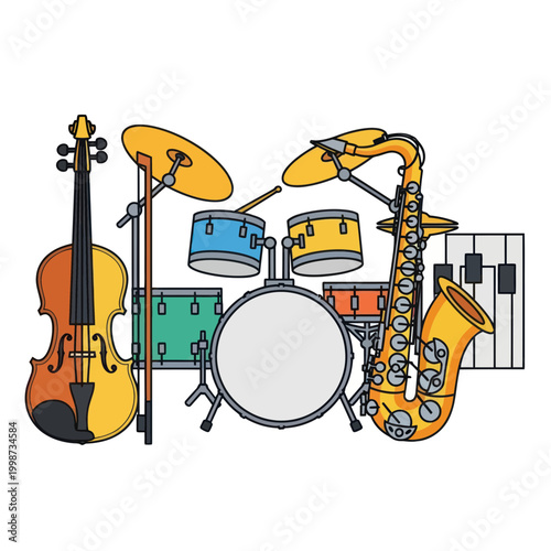 Musical Instruments - Drum Kit, Saxophone, Violin, Keyboard