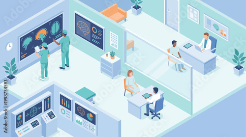 Isometric Hospital Interior with Doctors and Patients, Medical Consultation and Brain Imaging Analysis in Modern Clinic, Healthcare Technology and Digital Health Concept for Infographics