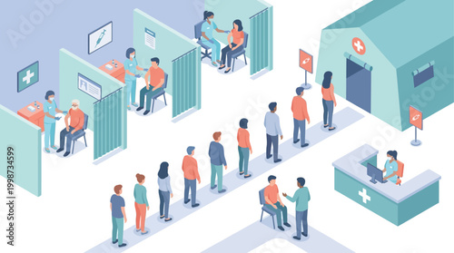 Isometric Hospital Vaccination Center Illustration with Medical Staff and Patients in Queue for Vaccine