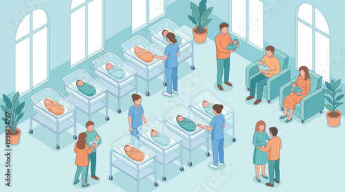 Isometric Hospital Maternity Ward Illustration with Newborn Babies, Nurses, and Parents for Healthcare and Pediatrics Design Projects