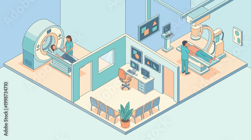 Isometric Hospital Radiology Department with MRI and X-ray Room, Medical Diagnostic Imaging Center for Healthcare Presentation and Web Design