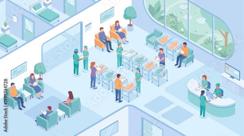 Isometric Hospital Maternity Ward Interior with Newborn Babies, Doctors, and Parents in Modern Clinic Facility for Healthcare Infographic and Medical Presentation