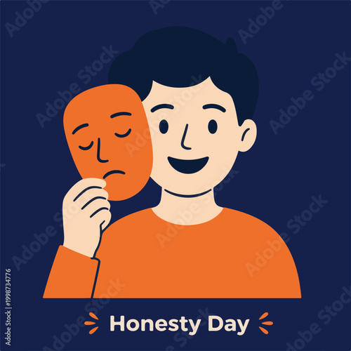 Man Holding Sad Mask and Smiling for National Honesty Day Concept