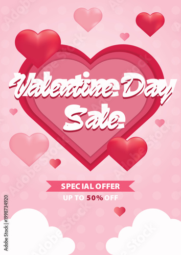 Valentine's day concept poster. Red, white heart frame background. Copy space. Cute love sale banner template, Voucher, Greeting card.