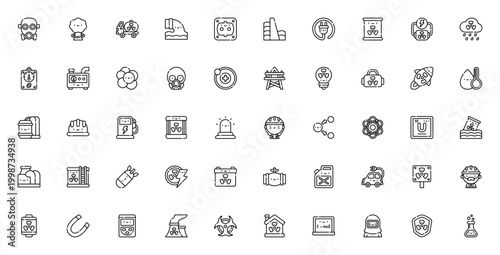 Nuclear energy icon set. Vector symbols for power plant, radiation, safety, uranium, and more. Includes atom, scientist, shield, and biohazard. Editable thin line icons.