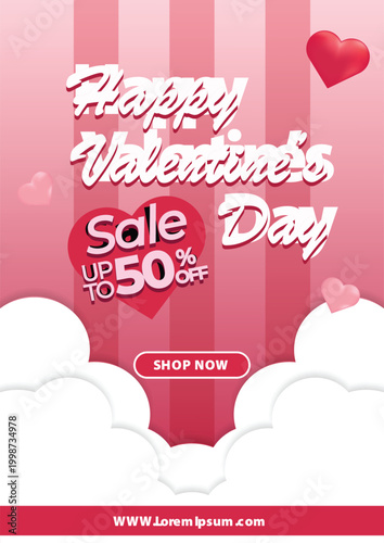 Valentine's day concept poster. Red, white heart frame background. Copy space. Cute love sale banner template, Voucher, Greeting card.