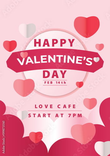 Valentine's day concept poster. Red, white heart frame background. Copy space. Cute love sale banner template, Voucher, Greeting card.