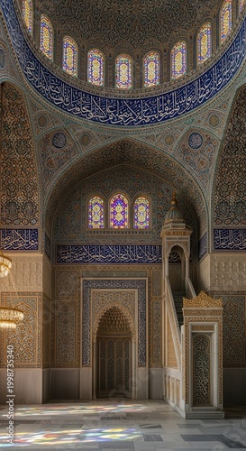 Intricate Interior of a Beautiful Mosque with Architectural Details.