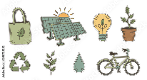 Set of environmental icons depicting sustainability, renewable energy, recycling, and a green lifestyle