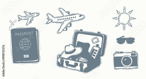 Hand-drawn illustration of travel essentials including passport, airplanes, suitcase, sun, sunglasses, and camera for vacation and adventure planning