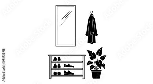 Tableau sur toile Minimalist entryway illustration with mirror coat shoe rack and plant