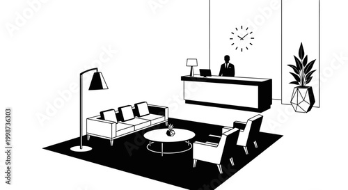 Modern reception area illustration black and white design with clock and desk