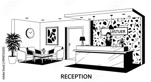 Modern reception area illustration featuring a receptionist chairs and minimalist design