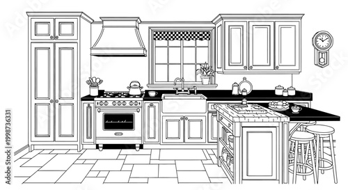 Monochromatic kitchen interior illustration with appliances and furniture details