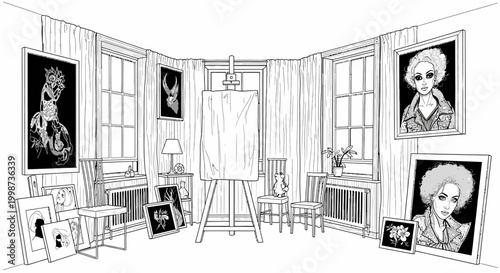 Monochrome artists studio interior with artwork and easel for creative concepts