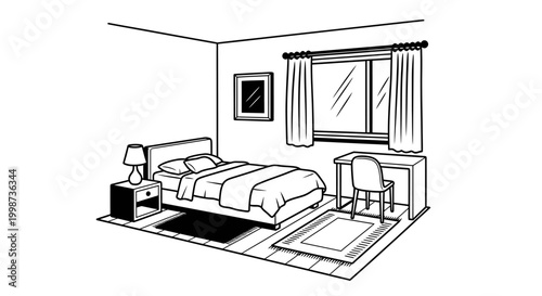 Monochrome bedroom interior bed desk window lamp and nightstand
